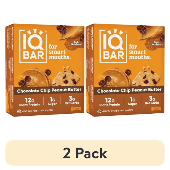 (2 pack) IQBAR Chocolate Chip Peanut Butter Protein Bars - Vegan Energy Bars - High Fiber Vegan Snacks - 4 Count Box