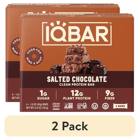 (2 pack) IQBAR Salted Chocolate Protein Bars - Vegan Energy Bars - High Fiber Vegan Snacks - 4 Count Box