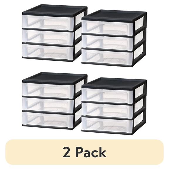 (2 pack) IRIS Medium 3-Drawer Stacking Desktop organize, Plastic Drawer Storage Container for Stationery Art Craft, 2Pk
