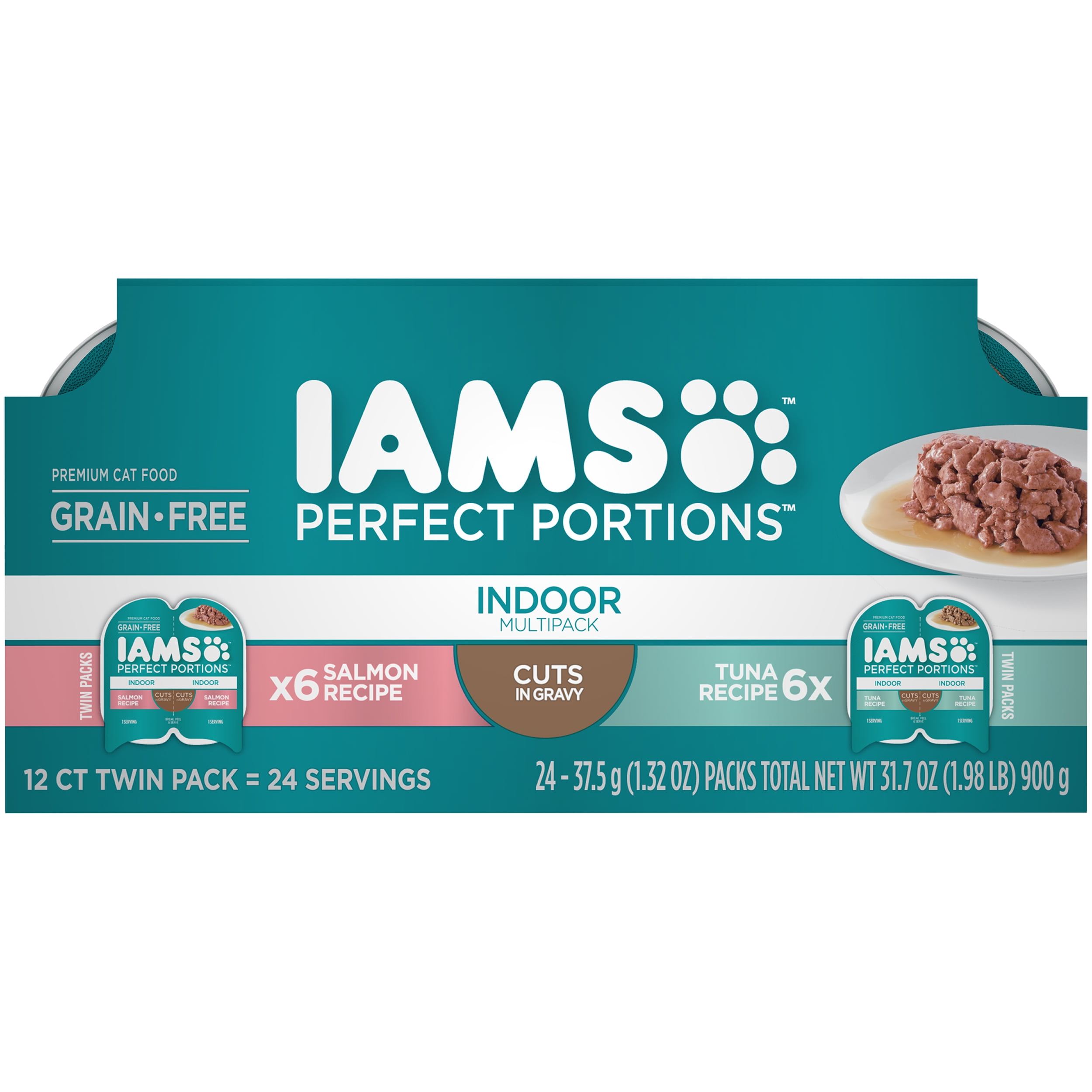 (2 pack) Iams Perfect Portions Indoor Grain Free Wet Cat Food Cuts In Gravy Tuna Recipe, Salmon Recipe Variety Pack, (12) 2.6 Oz Twin-Pack Trays