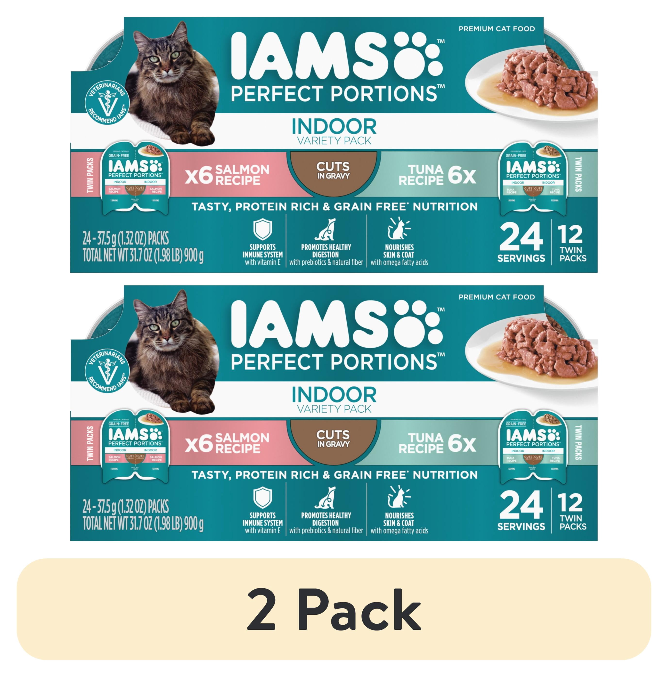 (2 pack) Iams Perfect Portions Indoor Grain Free Wet Cat Food Cuts in Gravy Variety Pack Tuna Recipe Salmon Recipe 2.6 oz Twin Pack Trays