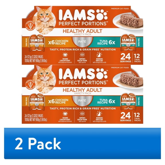 (2 pack) Iams Perfect Portions Wet Cat Food Variety Pack, Grain Free, 1.32 Oz Trays (12 Pack)