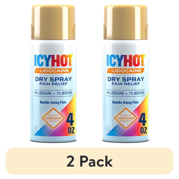(2 pack) Icy Hot Lidocaine Pain Relief Dry Spray, Numb Aggravated Nerves With Max Strength Lidocaine 4% and Menthol 1%, Fast-Acting Pain Relief for Minor Pain, Backaches, Sprains and Strains, 4 oz