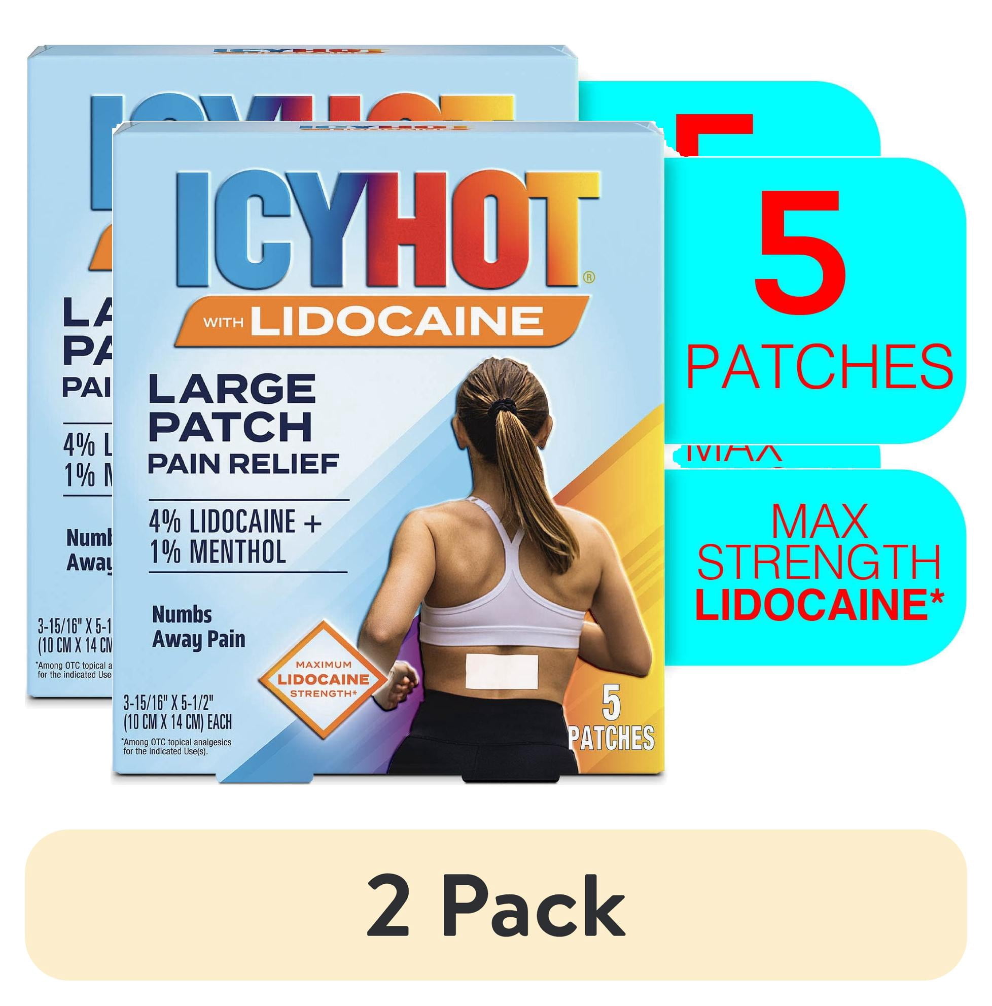 (2 pack) Icy Hot Lidocaine Pain Relief Patches, Numb Aggravated Nerves With Max Strength Lidocaine 4% and Menthol 1%, Fast-Acting Pain Relief for Minor Pain, Backaches, Sprains and Strains, 5 ct.