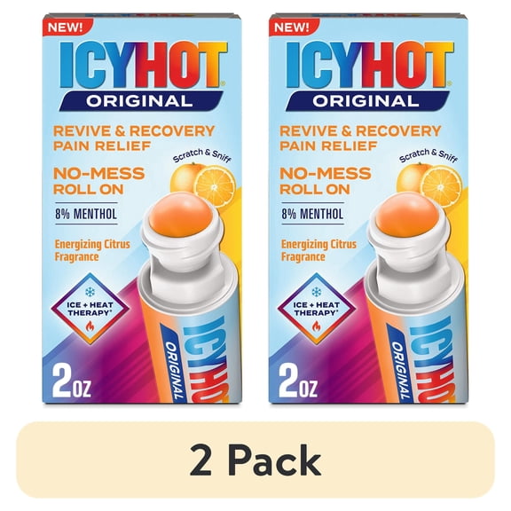 (2 pack) Icy Hot Original Pain Relief Revive & Recovery No-Mess Roll-On Applicator, Fast-Acting Pain Relief With 8% Menthol for Backaches, Joints, Muscle Strains and Arthritis, Energizing Citrus, 2 oz