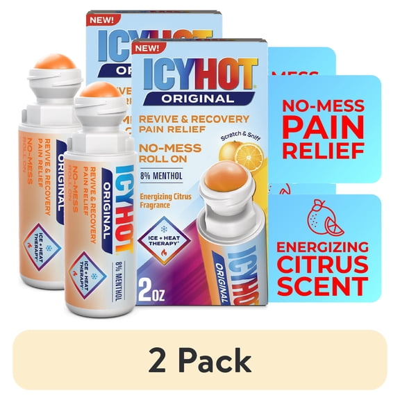(2 pack) Icy Hot Original Pain Relief Revive & Recovery No-Mess Roll-On Applicator, Fast-Acting Pain Relief With 8% Menthol for Backaches, Joints, Muscle Strains and Arthritis, Citrus, 2 oz