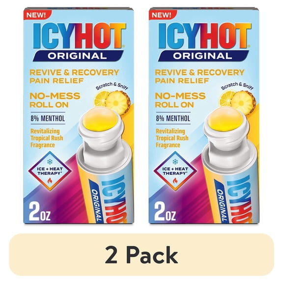 (2 pack) Icy Hot Revive and Recovery Pain Relief No Mess Roll-On 2.0 Fluid Ounces -Revitalizaing Tropical Rush