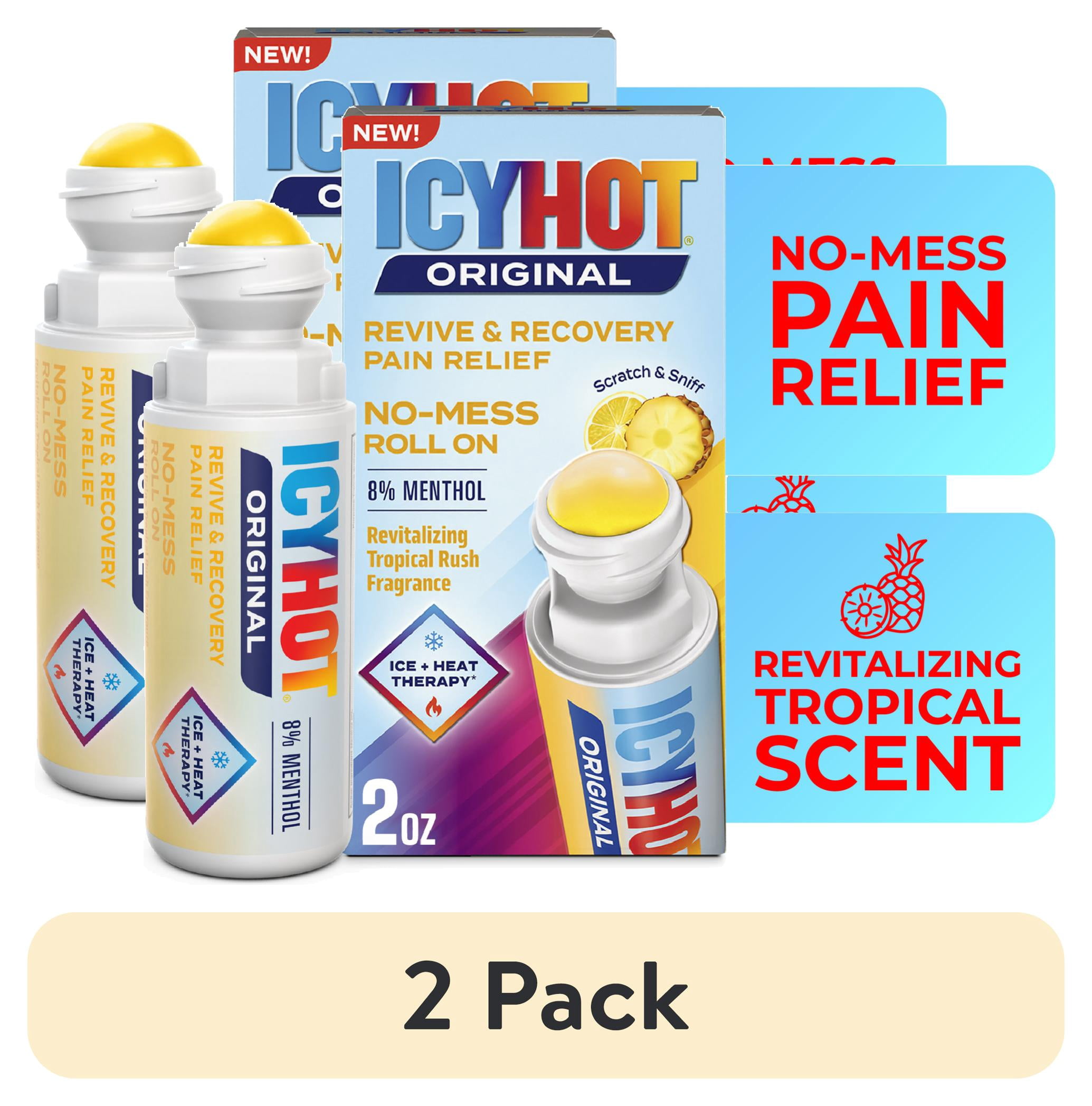 (2 pack) Icy Hot Original Pain Relief Revive & Recovery No-Mess Roll-On Applicator, Fast-Acting Pain Relief With 8% Menthol for Backaches, Joints, Muscle Strains and Arthritis, Tropical Rush, 2 oz