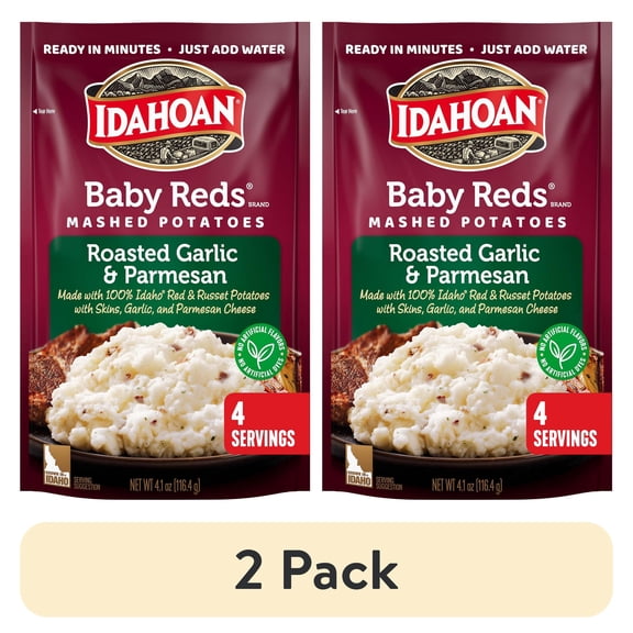 (2 pack) Idahoan Baby Reds w/ Roasted Garlic & Parm Mashed Potatoes, 4.1 oz Pouch