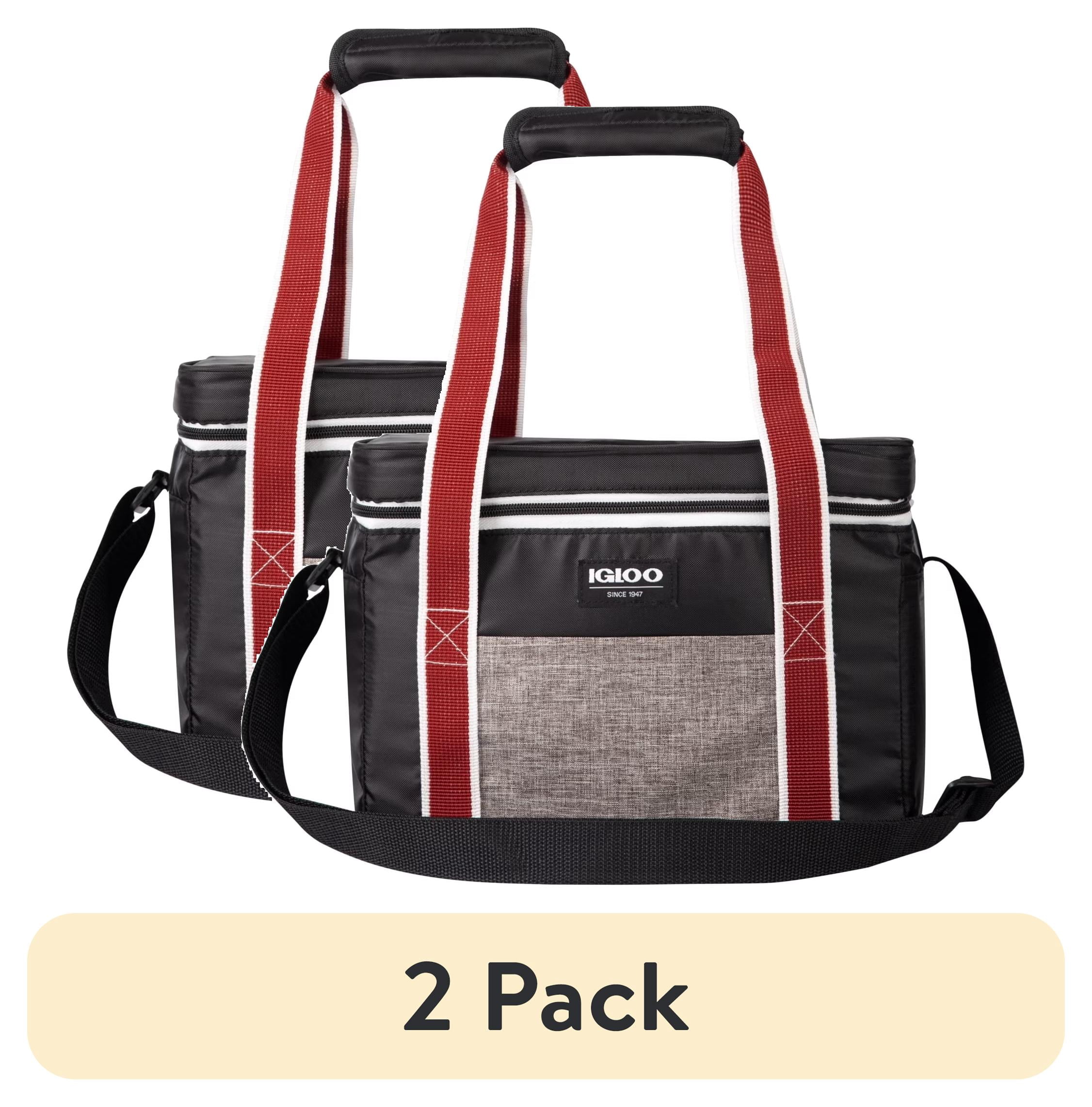 (2 pack) Igloo Heritage Lunch Companion Cooler Bag, 12 Can Capacity, Black and Red, Soft Side Lunch Cooler for Work or Play