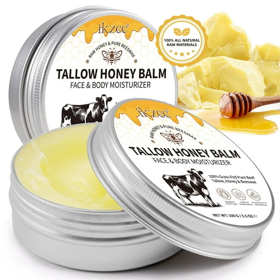 (2 pack) Ikzee Beef Tallow Balm for Skin Care 3.5oz, Face Cream Body Moisturizer, Tallow Honey Balm, Raw Honey & Pure Beeswax
