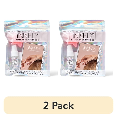 (2 pack) Inked2 Temporary Tattoo Kit, over 30 Tattoos, Spray Bottle and Sponge, Child - Adult, All Occasions