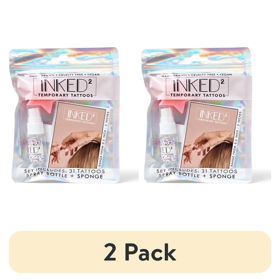 (2 pack) Inked2 Temporary Tattoo Kit, over 30 Tattoos, Spray Bottle and Sponge, Child - Adult, All Occasions