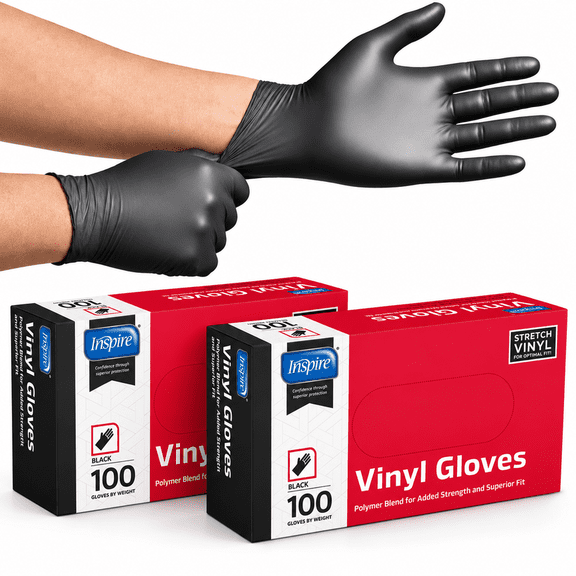 (2 pack) Inspire Black Vinyl Gloves Disposable Latex Free, Cleanroom Gloves Polymer Blend (Small)