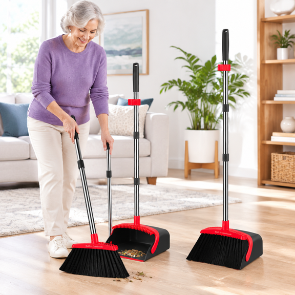 2-pack Is More Economical Brooms With Dustpanbo Set 52" Long Handle Teeth Self-cleaning Function Indoor And Outdoor Sweeping For