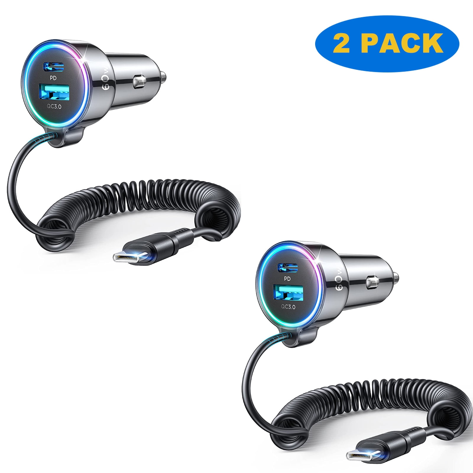 (2 pack) JOYROOM USB C Car Charger, 90W Fast Charging Dual Port PD & QC 3.0 Car Phone Charger Adapter with 5ft Built-in Type C Cable for iPhone, Samsung, Android Phones, Tablets