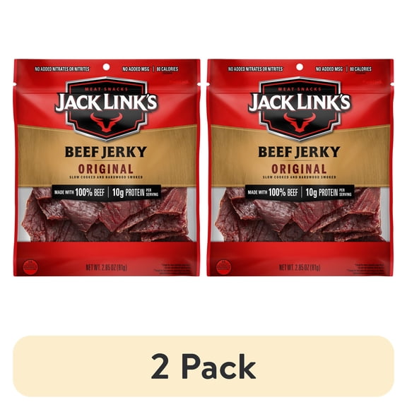 (2 pack) Jack Links Beef Jerky, 100% Beef, Original, 2.85 oz, 10g of Protein Per Serving