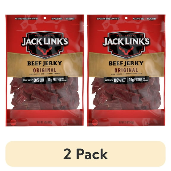 (2 pack) Jack Links Beef Jerky, Original, Made with 100% Beef, 10g of Protein per Serving, 5 oz, Resealable Bag