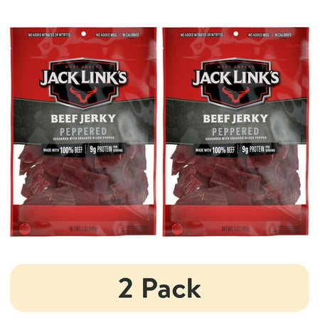 (2 pack) Jack Link’s Beef Jerky, Peppered, Made with 100% Beef, 9g of Protein per Serving, 5 Ounce, Resealable Bag