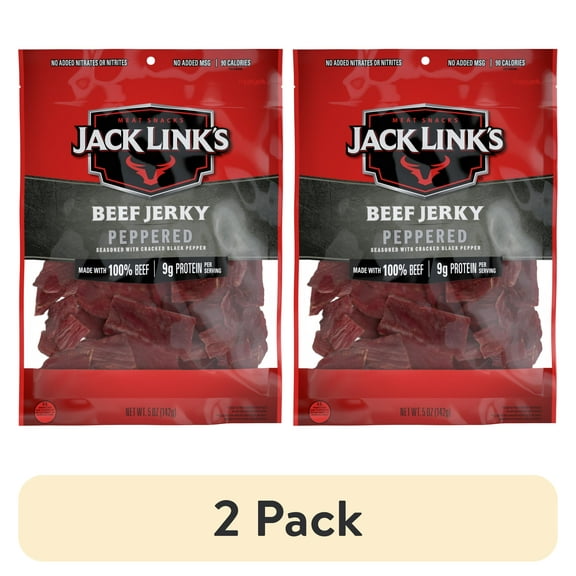 (2 pack) Jack Links Beef Jerky, Peppered, Made with 100% Beef, 9g of Protein per Serving, 5 Ounce, Resealable Bag