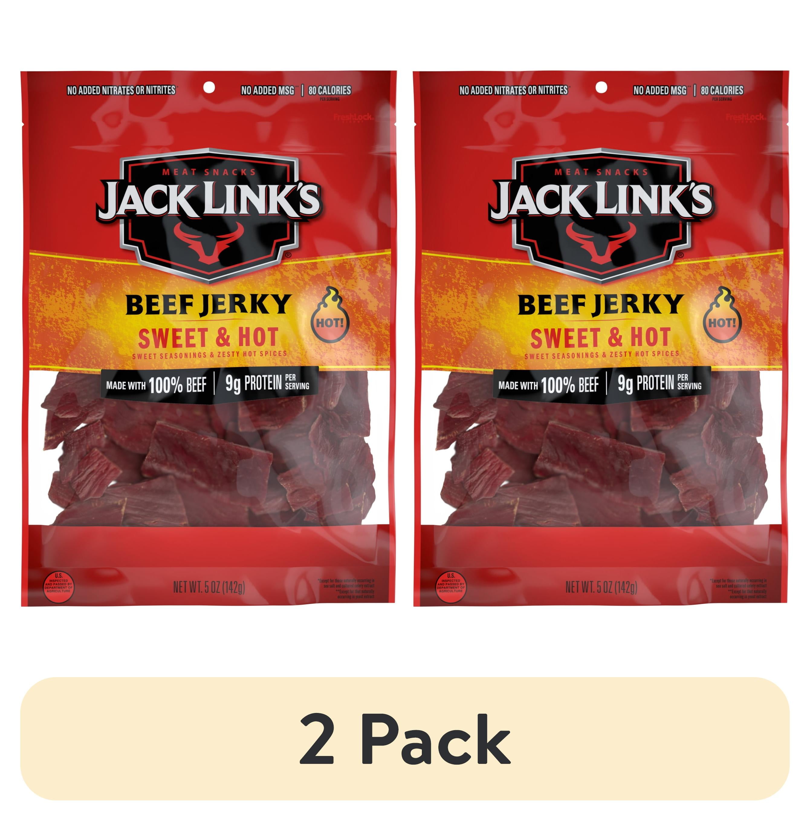 (2 pack) Jack Links Beef Jerky, Sweet & Hot, Made with 100% Beef, 9g of Protein per Serving, 5 oz, Resealable Bag