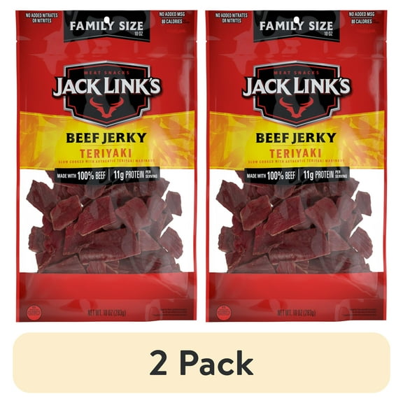 (2 pack) Jack Links Beef Jerky, Teriyaki, 100% Beef, 11g of Protein per Serving, 10Ounce Bag