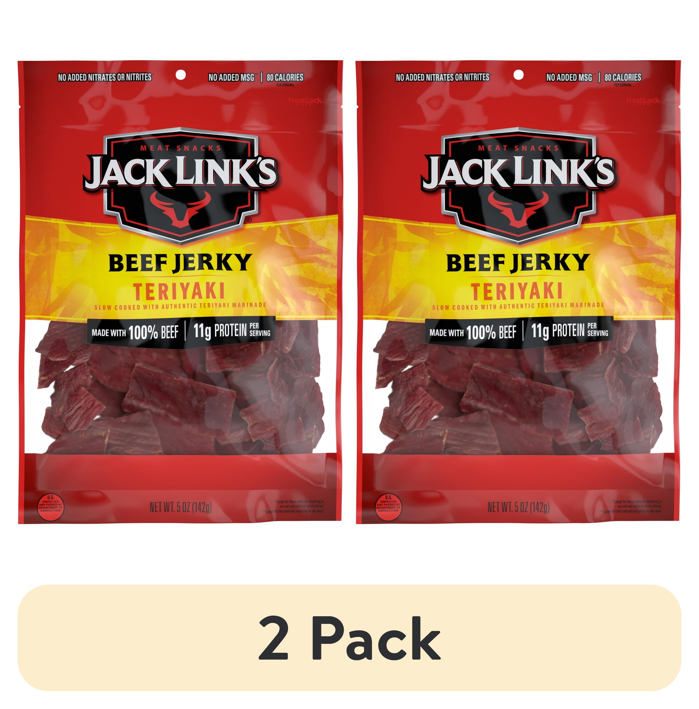 (2 pack) Jack Links Beef Jerky, Teriyaki, Made with 100% Beef, 11g of Protein per Serving, 5 Ounce, Resealable Bag