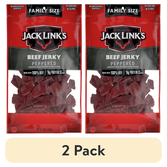 (2 pack) Jack Links Beef Jerky, Peppered, Made with 100% Beef, 9g of Protein per Serving, 10 Ounce Bag