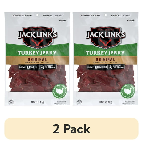 (2 pack) Jack Links Turkey Jerky, Original, Made with 100% Turkey, 13g of Protein per Serving, 5 Ounce, Resealable Bag