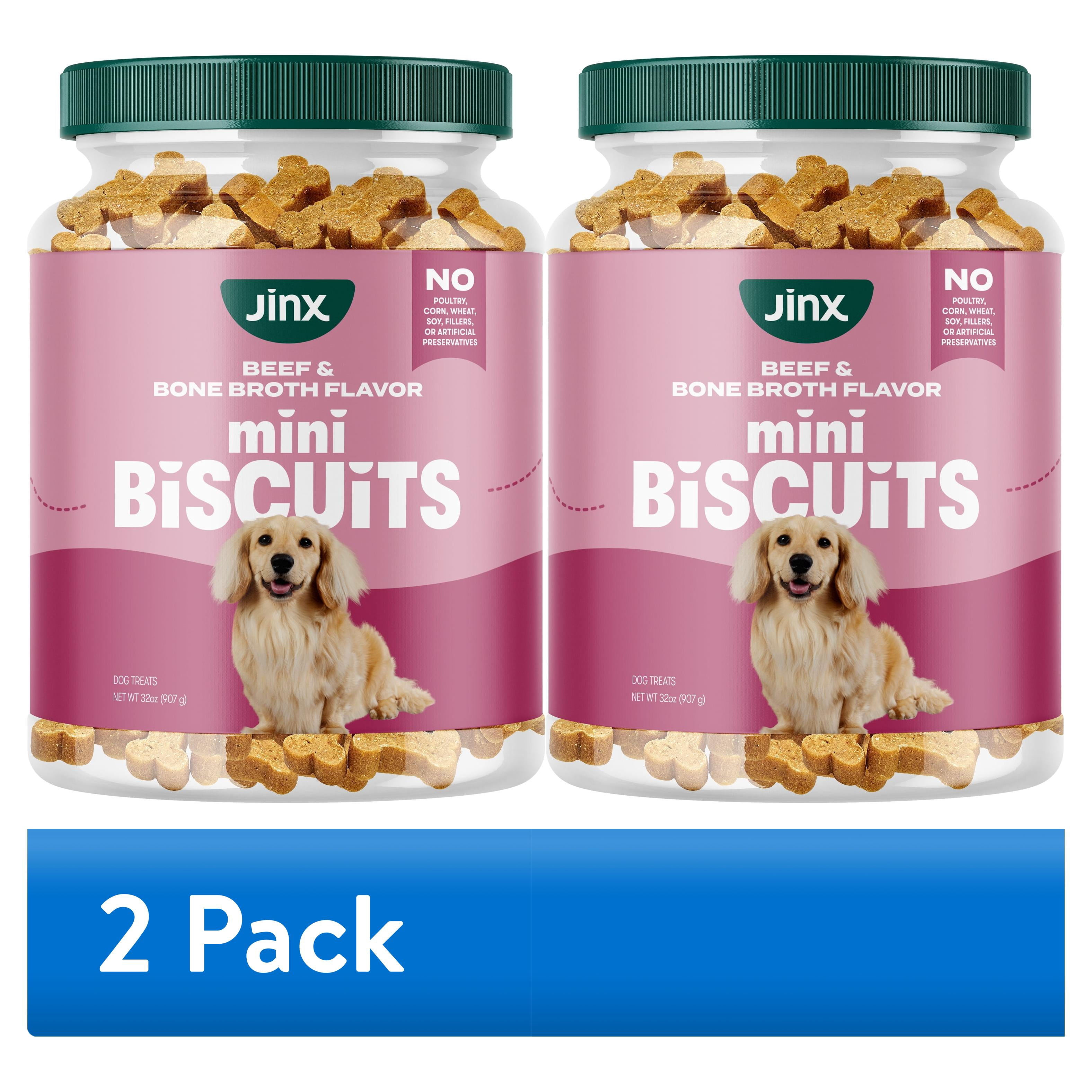 (2 pack) Jinx Beef Bone Broth Mini Biscuits, Crunchy Dry Dog Treats, 32 oz Jar