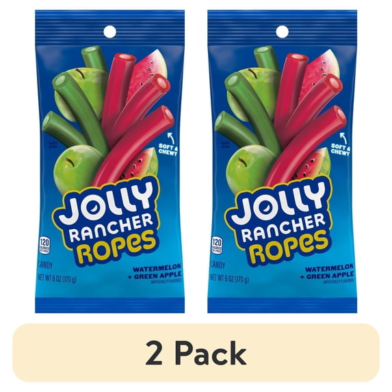 (2 pack) Jolly Rancher Ropes Watermelon and Green Apple Flavored Candy, Bag 6 oz