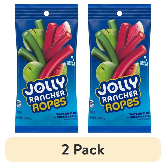 (2 pack) Jolly Rancher Ropes Watermelon and Green Apple Flavored Candy, Bag 6 oz