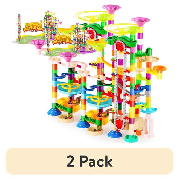 (2 pack) Joyfy 236 Pcs Glowing Marble Run with Motorized Elevator, Construction Building Blocks with 30 Glow in The Dark Marbles, STEM Educational Toys Set for Kids Ages 4-8, Gift for Birthday Christmas