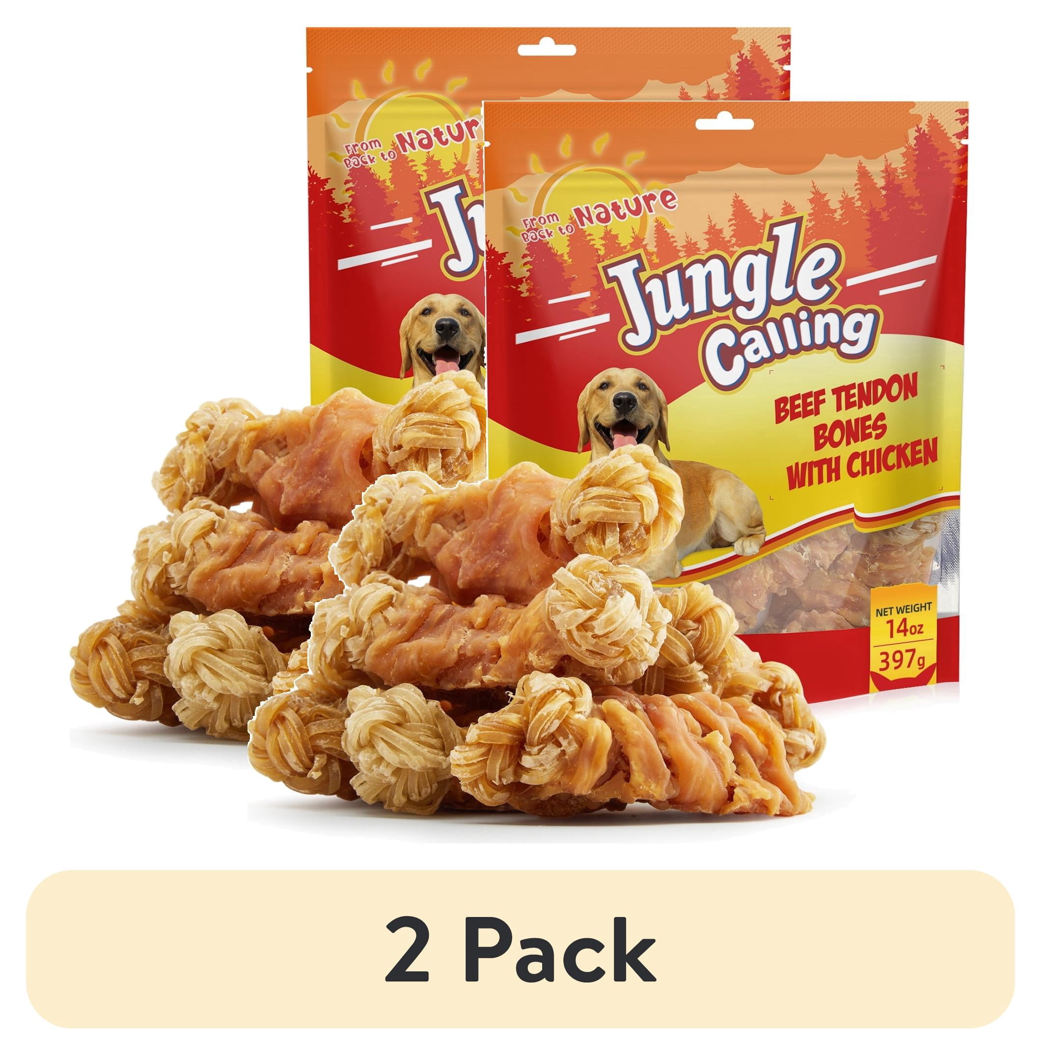 (2 pack) Jungle Calling Beef Tendons for Dogs, Chicken Wrapped Tendons Dog Chews Long Lasting Hip and Joint Supplement for Dogs with Glucosamine (Knotted Bone), 14 OZ