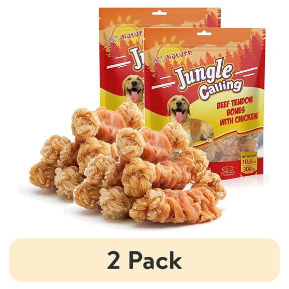 (2 pack) Jungle Calling Beef Tendons for Dogs, Chicken Wrapped Tendons Dog Chews Long Lasting Hip and Joint Supplement for Dogs with Glucosamine (Knotted Bone)