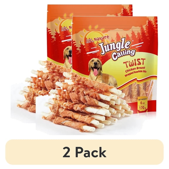 (2 pack) Jungle Calling Dog Treats, Chicken Wrapped Rawhide Sticks for Dogs, Delicious and Nutritious Training Reward Treats and Dog Chews Snacks, 6 oz