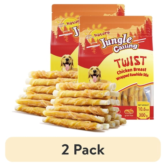 (2 pack) Jungle Calling Dog Treats, Chicken Wrapped Rawhide Sticks for Dogs, Puppy Training Treats Dog Chews Snacks (10.6 Ounce (Pack of 1))