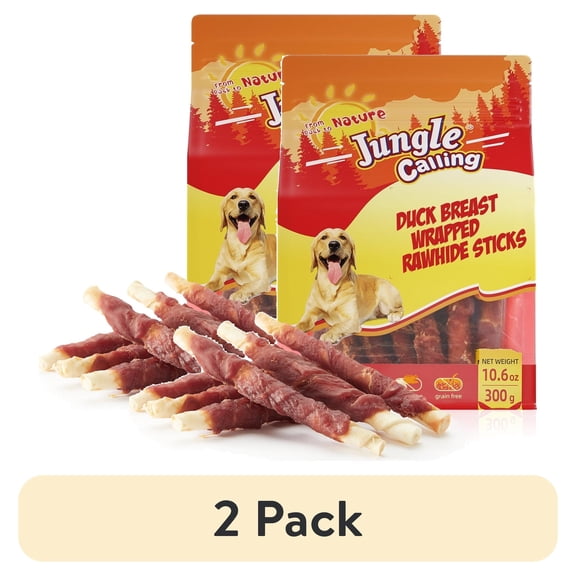 (2 pack) Jungle Calling Dog Treats Duck Wrapped Rawhide Sticks Grain-Free Natural Chewy Treats Puppy Snacks