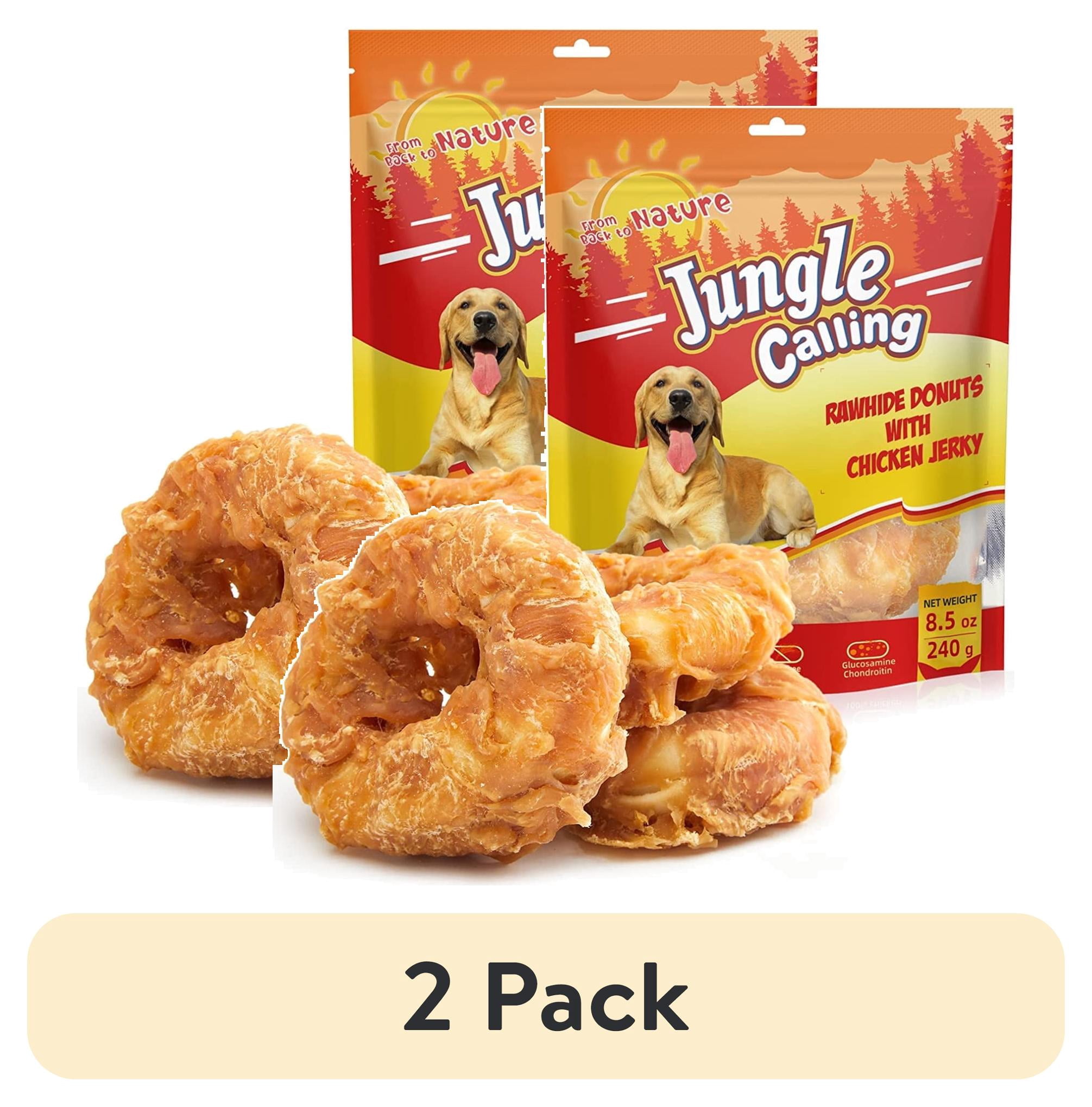 (2 pack) Jungle Calling Dog Treats Long Lasting, Rawhide Chews for Dogs, Chicken Wrapped Rawhide Donuts, Chewy Snacks for Medium Large Dogs