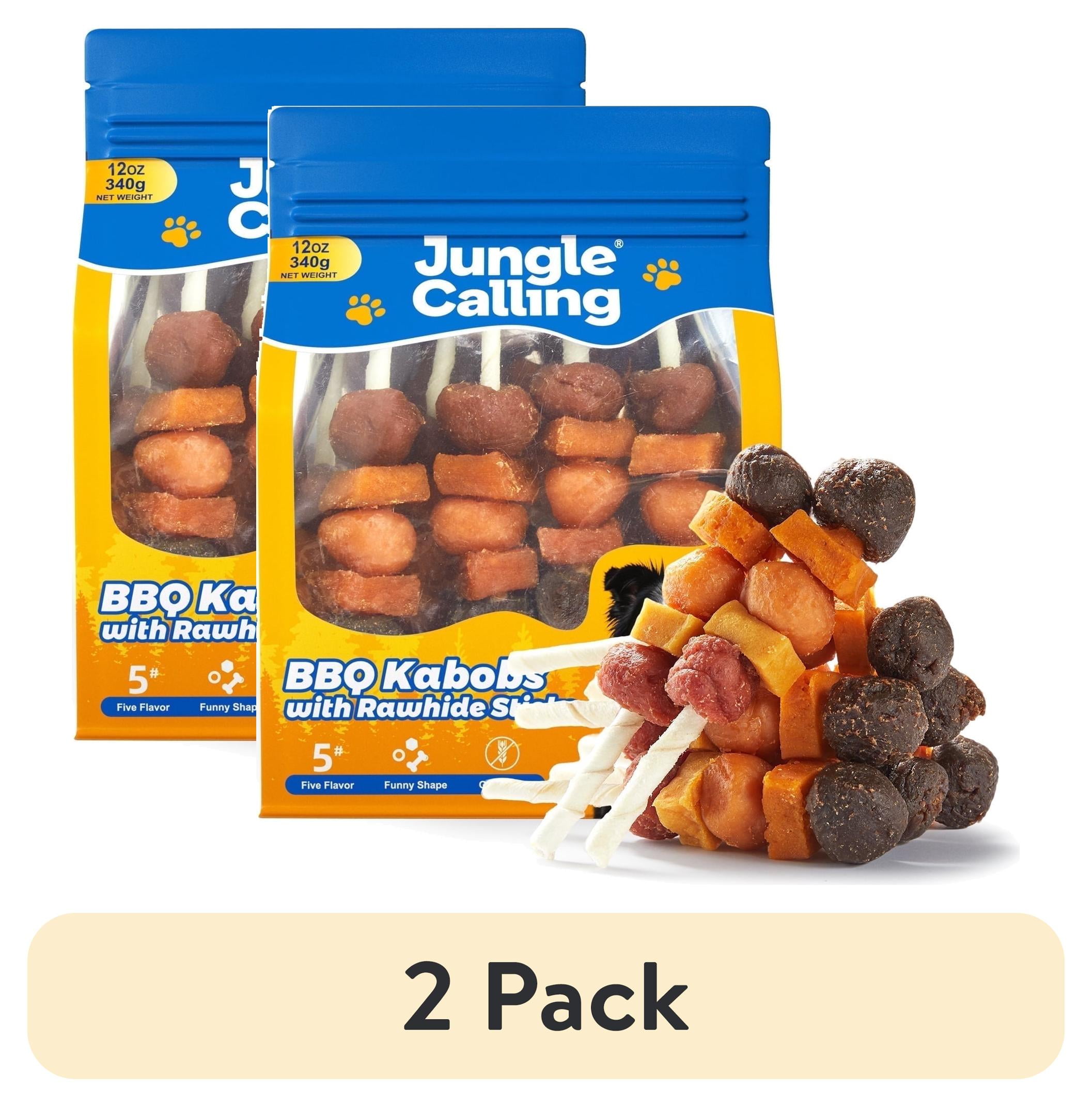 (2 pack) Jungle Calling Dog Treats, Snacks BBQ Kabobs, Chicken,Duck, Beef, Sweet Potato & Pumpkin,Rawhide Sticks 12 oz