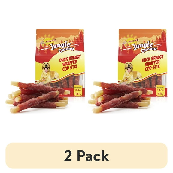 (2 pack) Jungle Calling Duck Wrapped Cod Sticks Dog Treats Rawhide Training Snacks Natural Chewy Sticks