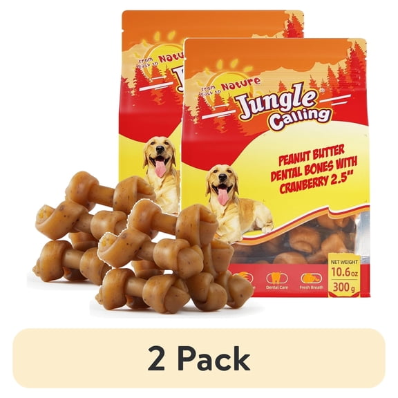 (2 pack) Jungle Calling Peanut Butter Dog Treats, Dental Chews for Dogs, Rawhide Free Dog Bones 2.5'' for Small Dogs