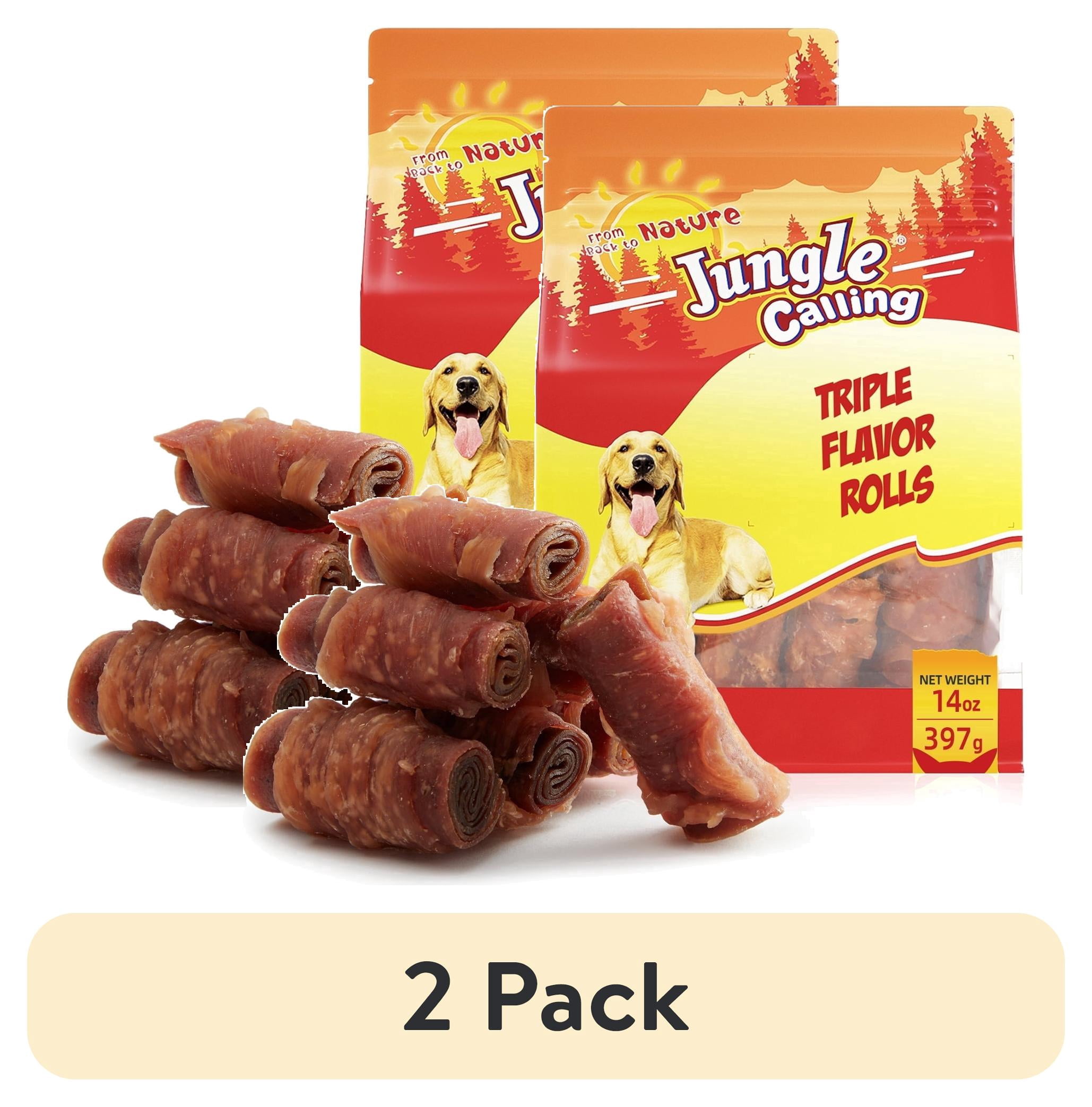(2 pack) Jungle Calling Triple Flavor Rolls Dog Treats,Real Chicken Duck Beef Meat, Rawhide Free Dog Snacks, 14 OZ