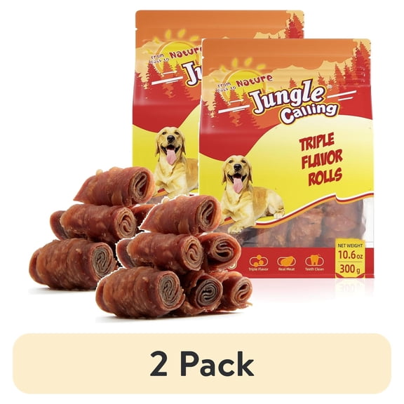 (2 pack) Jungle Calling Triple Flavor Rolls Dog Treats,Real Chicken Duck Beef Meat, Rawhide Free Dog Snacks