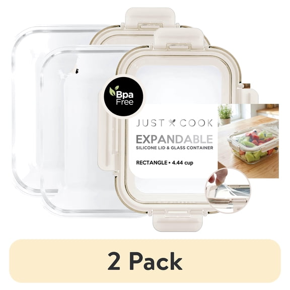 (2 pack) Just Cook Glass Food Storage Container with Expandable Silicone Lid 1 Compartment, Well Suited to Refrigerator Organization
