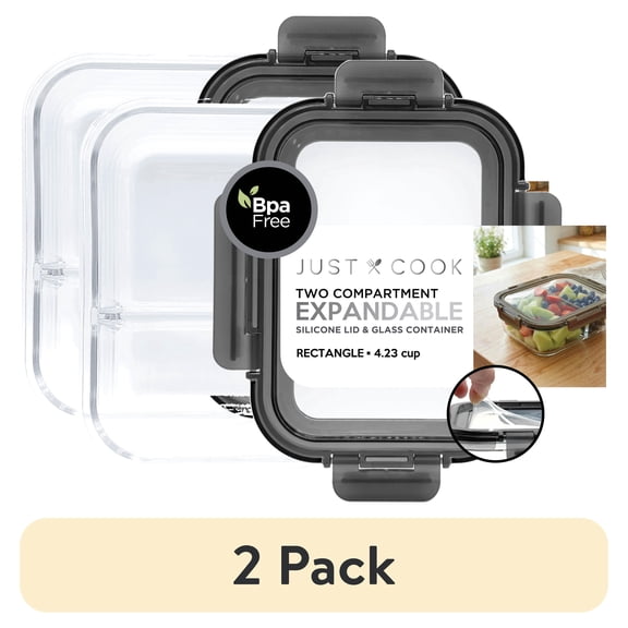 (2 pack) ust Cook Glass Food Storage Container with Expandable Silicone Lid, 2-Compartment