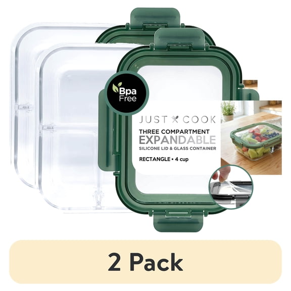 (2 pack) Just Cook Glass Food Storage Container with Expandable Silicone Lid, 3 Compartment, A Practical Choice for Dry Goods and Bulk Ingredients