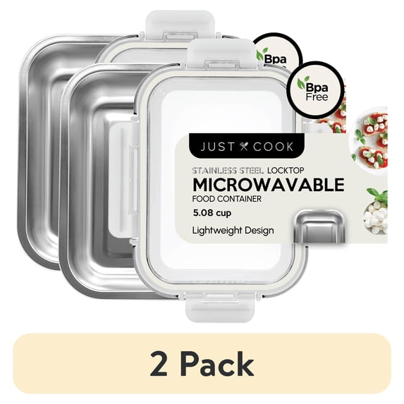 (2 pack) Just Cook Stainless Steel Metal Microwavable Food Storage Container 40.5 Oz or 5 Cups, Designed to Help with Pantry Storage and Everyday Organization