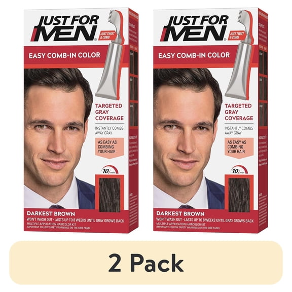 (2 pack) Just For Men Easy Comb-In Color Mens Hair Dye, Easy No Mix Application with Comb Applicator - Darkest Brown, A-50, Pack of 1
