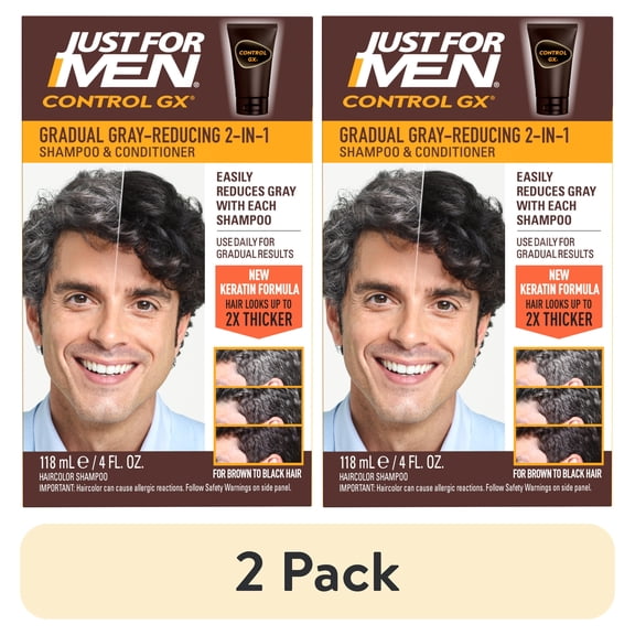 (2 pack) Just for Men Control GX Grey Reducing 2-in-1 Shampoo and Conditioner, Gradual Hair Color with Keratin for Stronger Thicker and Healthier Looking Hair, 4 Fl Oz - Pack of 1 (Packaging May Vary)